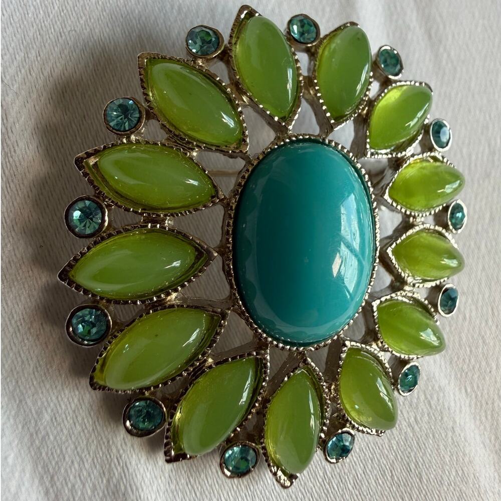 Vintage Flower Brooch Pin Turquoise Blue Green Rhinestones Silver Tone